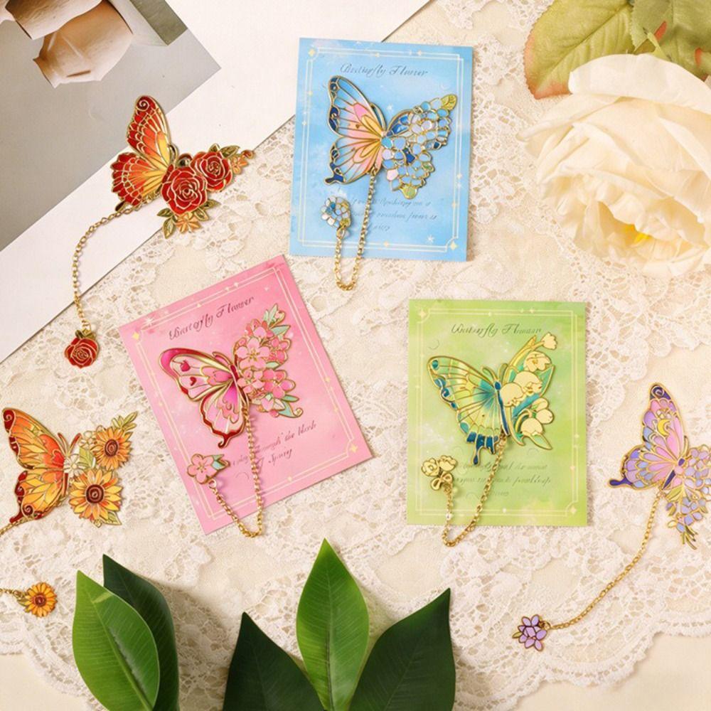 Tassel Chain Metal Butterfly Bookmark Hollow Flower Flower Painting Bookmark  For Book Lovers