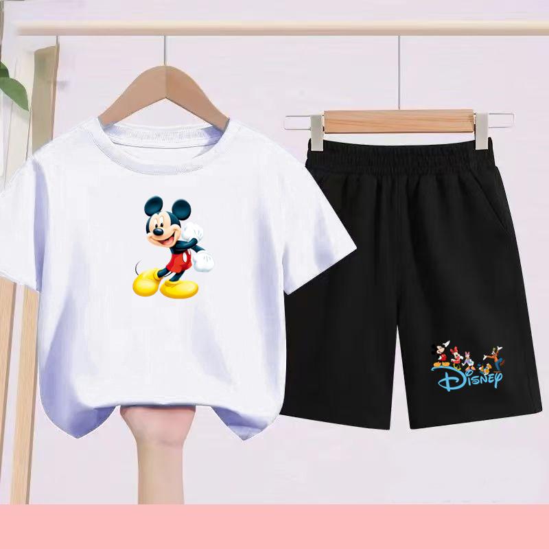 Children's Set - Disney Print Summer Boys' and Girls' Sports T-Shirts, Casual Short-Sleeved Shorts Set, 2-piece, for Ages 2-13