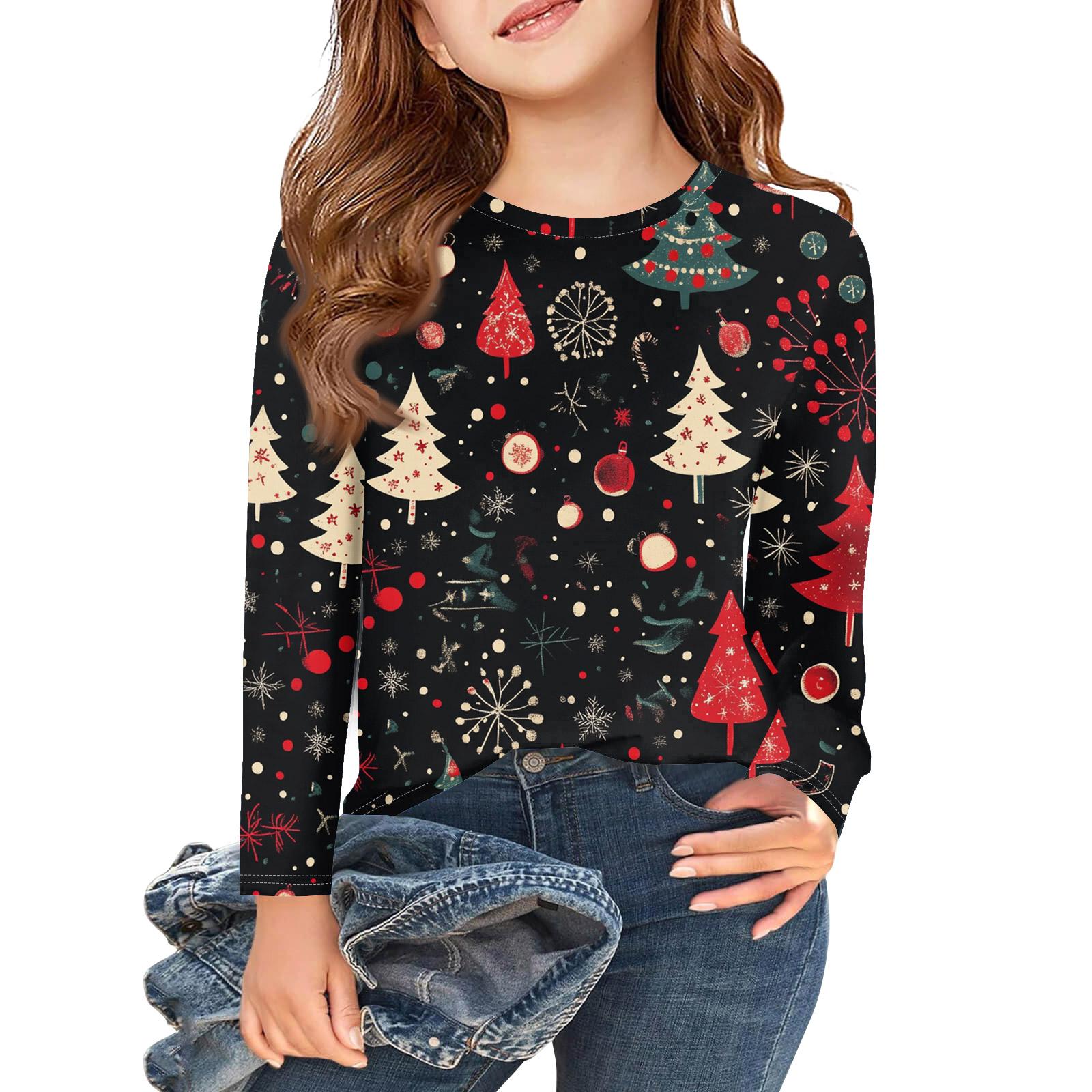 

Рождественские футболки с длинным рукавом для девочек, детские осенние топы с круглым вырезом и принтом, базовые футболки 160 арбуз красный