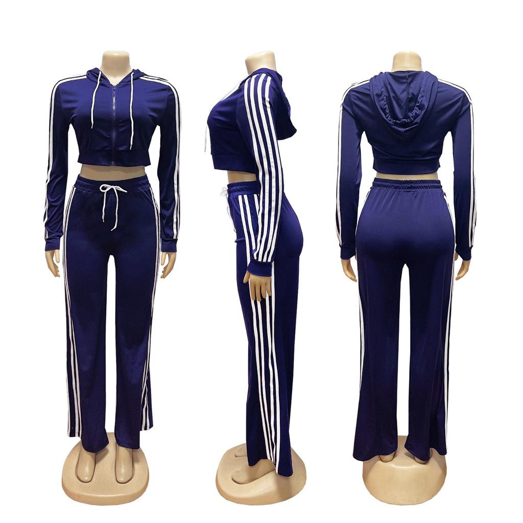 TW802 Women's Autumn/Winter Striped Hooded Cardigan & Straight-Leg Trousers Set