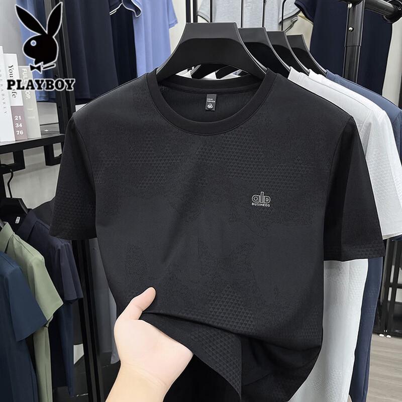 PLAYBOY Men s Ice Silk Cooling Jacquard Round Neck T-Shirt 3XL
