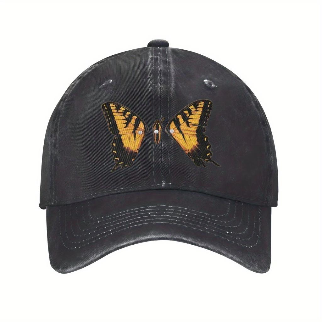 Butterfly Print Baseball Cap Unisex Adjustable Cotton Casual Sports Black Washed Hat