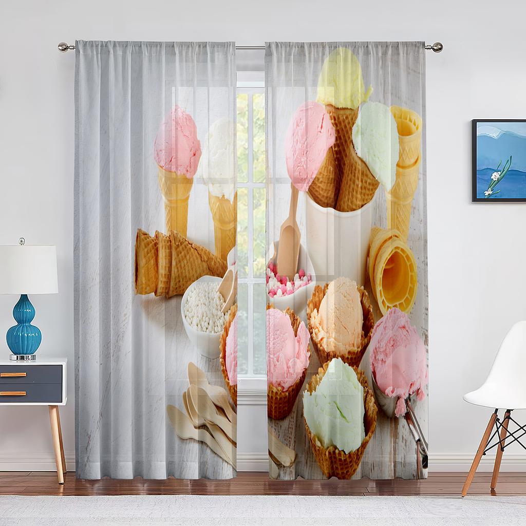 Ice Cream Sheer Voile Curtain Taste of Summer Theme Chocolate Candy Window Tulle Curtains for Living Room Bedroom Decorations