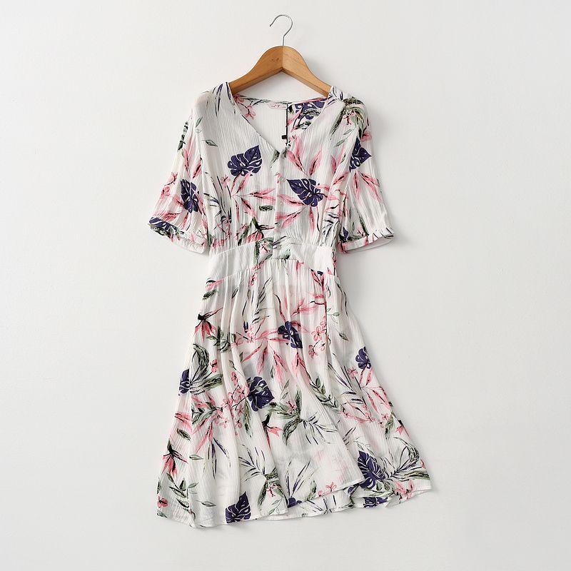 Super Fairy ~ Quality Cabinet Single Fresh Artsy Graceful Printed V-neck Ruched Stylish Short Sleeve Noil Poplin Dress Summer