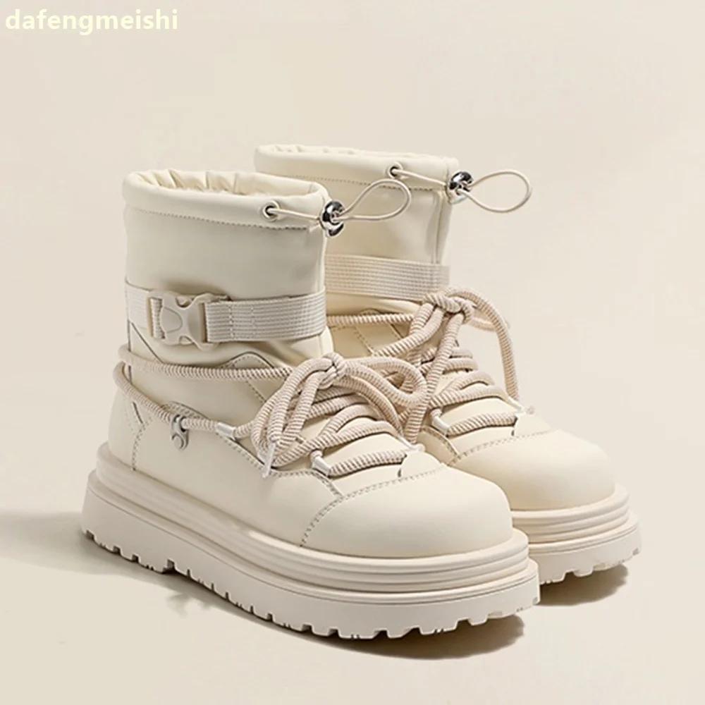 2025 Winter New Snow Boots Plush Warm Round Toe Thick Sole Mid-Calf Boots Black/beige Leather Elastic Band Snow Boots