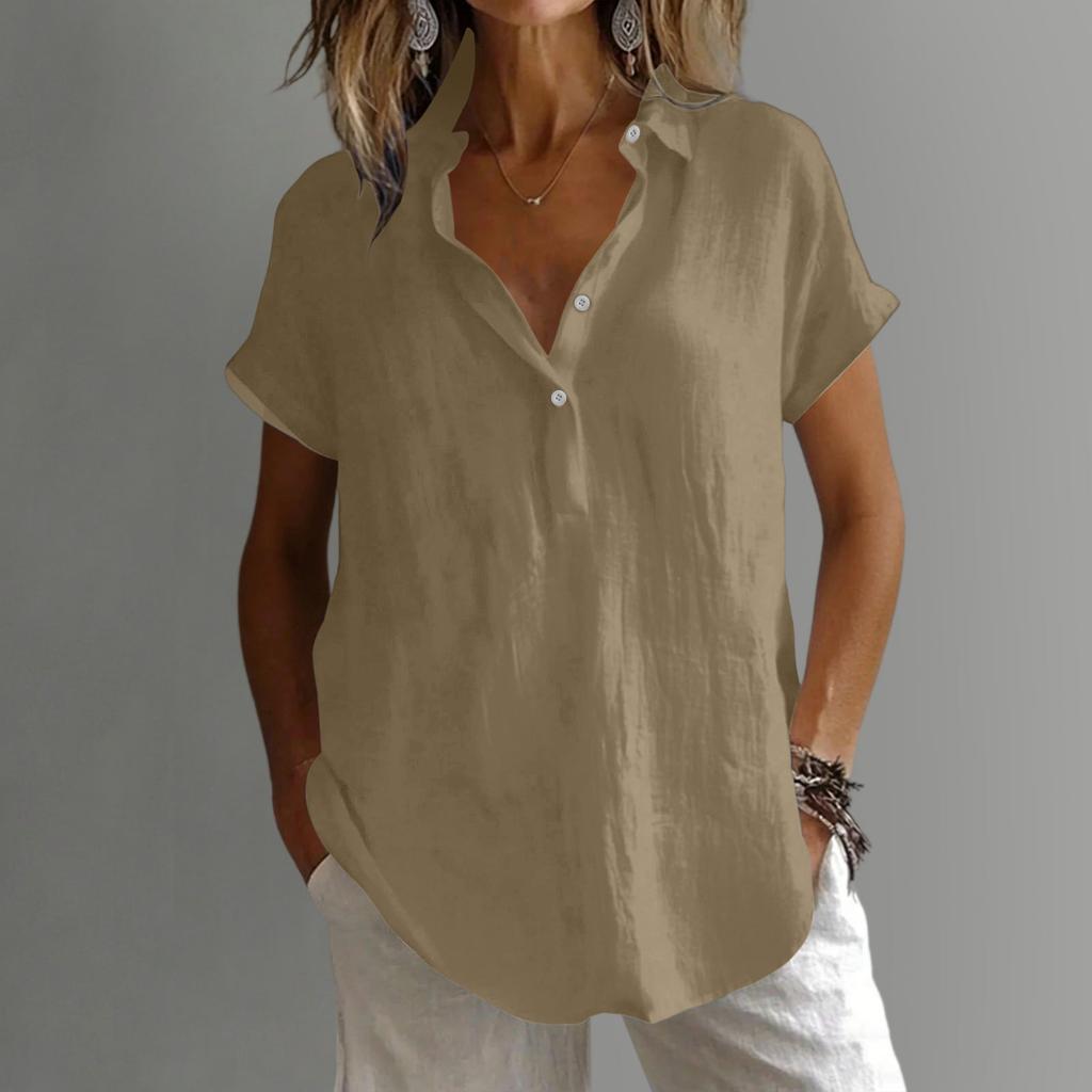 Women's Loose-Fit -Color Cotton-Linen Shirt: Casual Short-Sleeve Top
