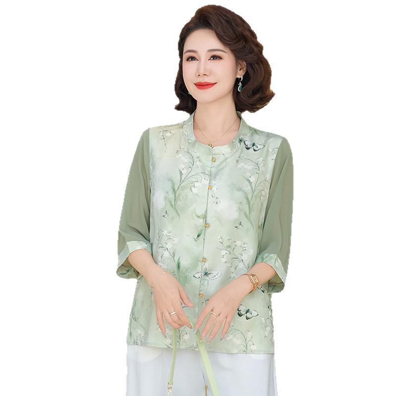 2026 Summer Collection: Mid-Aged Women's Chinese Style Chiffon Blouse - Short-Sleeved, Thin, Elegant Top.