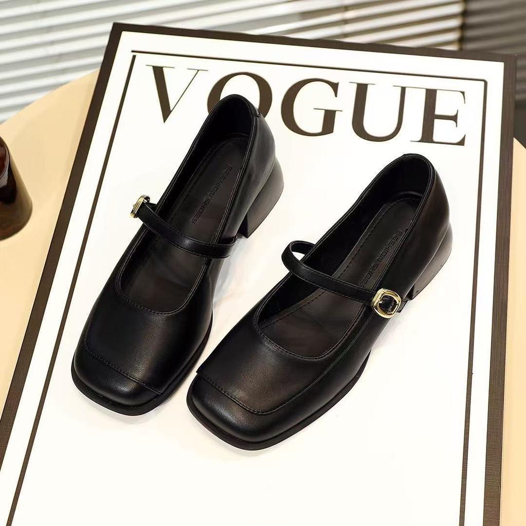 French temperament one-word Mary Jane shoes new autumn retro light mouth square head thick heel single shoes