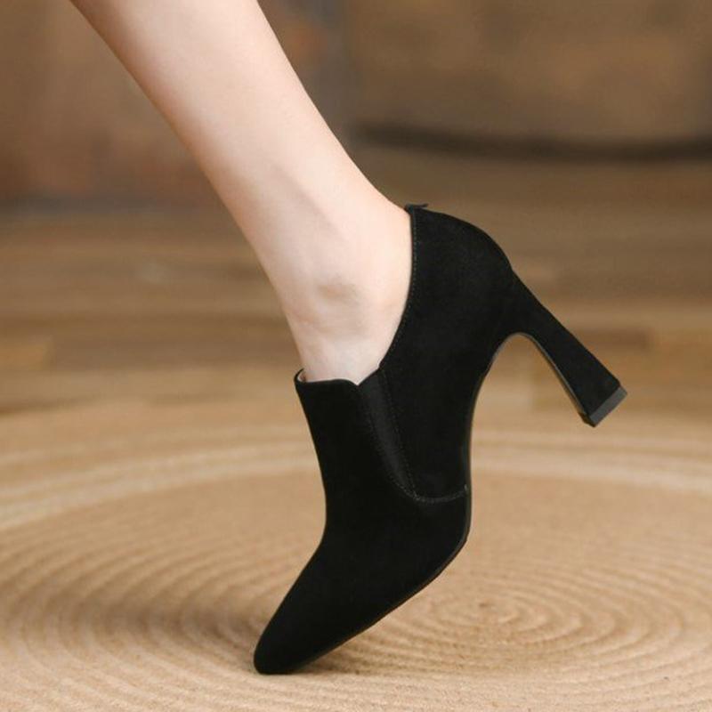 Элегантные замшевые женские туфли-лодочки модные туфли на высоком толстом каблуке классические туфли с острым носком черные туфли на каблуке для женщин 34 2350₽