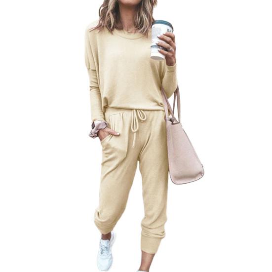 2 Pcs/Set Women Suit O Neck Solid Color Loose Simple Pants Suit for Daily Wear