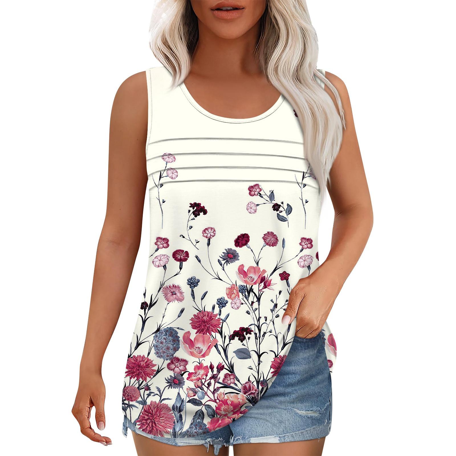 

Майка для женщин Летние наряды Без рукавов Блузки с принтом Повседневные свободные рубашки Округлый вырез Складки спереди XL белый