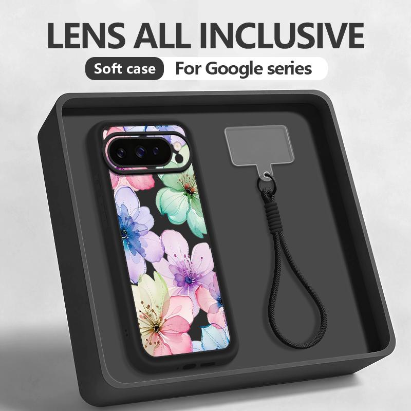 Watercolor Flowers Print Lanyard Case For Google Pixel 10 Pro XL For Google 9A 9 8 7 Pro 8A 7A Shockproof Bumper Wrist Strap Cover