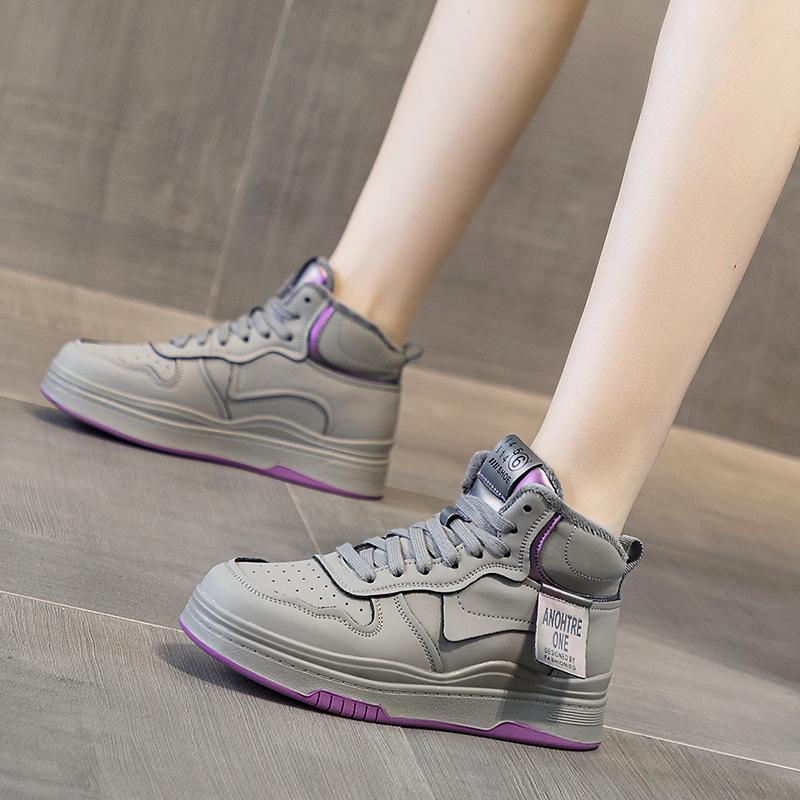 High-top Leather Women's Autumn and Winter New Versatile Velvet Platform Sneakers