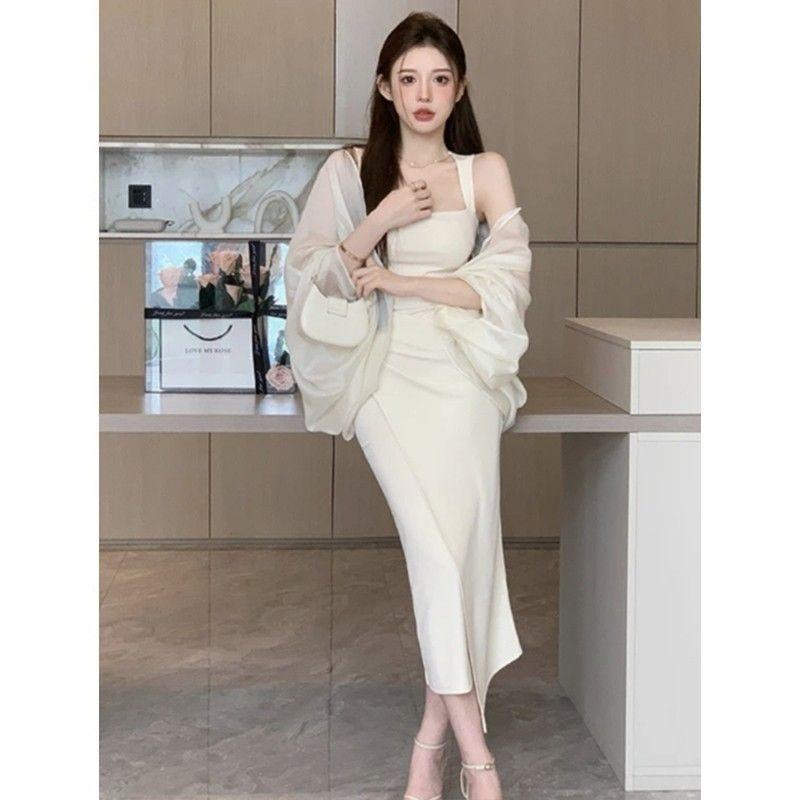French temperament celebrity royal sister feeling tight long dress slim-fitting hip-wrapped square neck suspender dress summer new