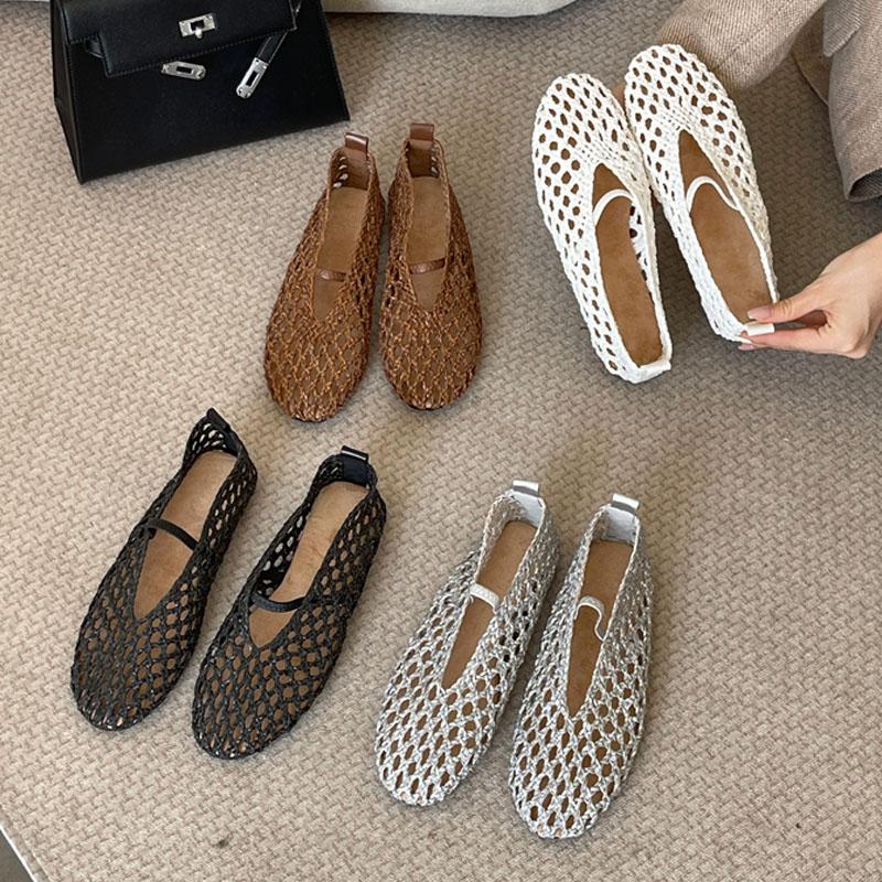 PesstweiFashion Weave Mesh Hollow Women Loafers Round Toe Slip On Female Beach Summer Casual Shoes Flat Sandals