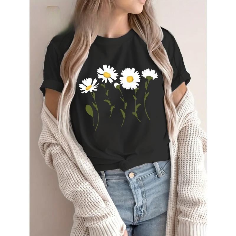 

European Size Plus Size, Daisy - Style Floral Illustrations Plus Size Women s Printed Casual Round Neck Short Sleeve Top 4XL чорний