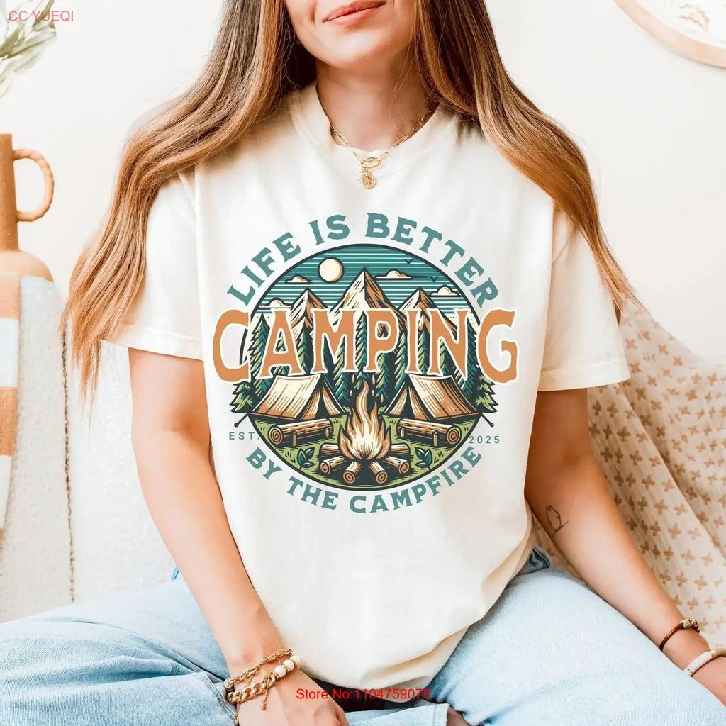 Campfire T Shirt Unisex Outdoor Top Black Hiking Camp Lover Present Sleeve Rustic Style Wear Camping Vintage