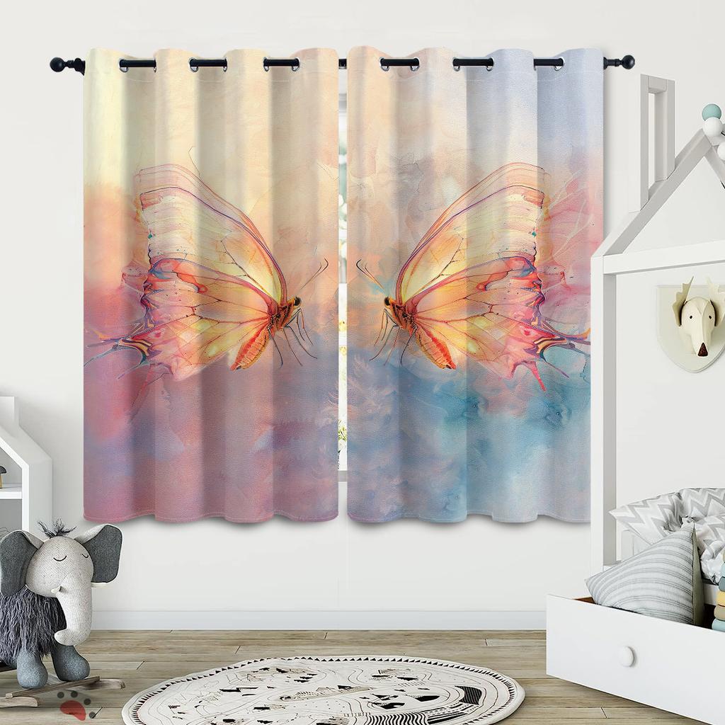 2 pieces of colorful butterfly patterned printed curtains, used for decoration, bedrooms, and living rooms
