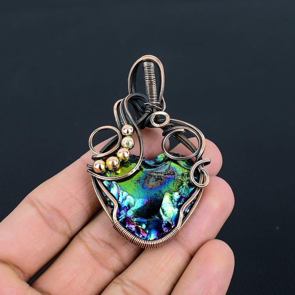 Peacock Aura Druzy Gemstone Handmade Pure Copper Wire Wrap Jewelry Pendant For Women