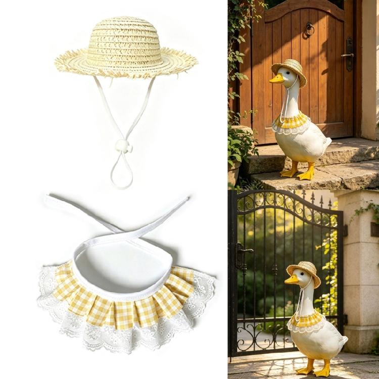 Entryway Geese Display Outfit Set With Matched Hat and Patterned Collar for Country Porch Styling and Shelf Accent