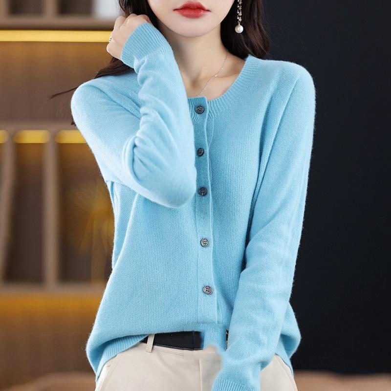 Long Sleeve Merino Woolen Sweaters Cashmere Cardigan Spring Autumn Women O-Neck Knitwear Tops Clothing Fashion Basic Tops