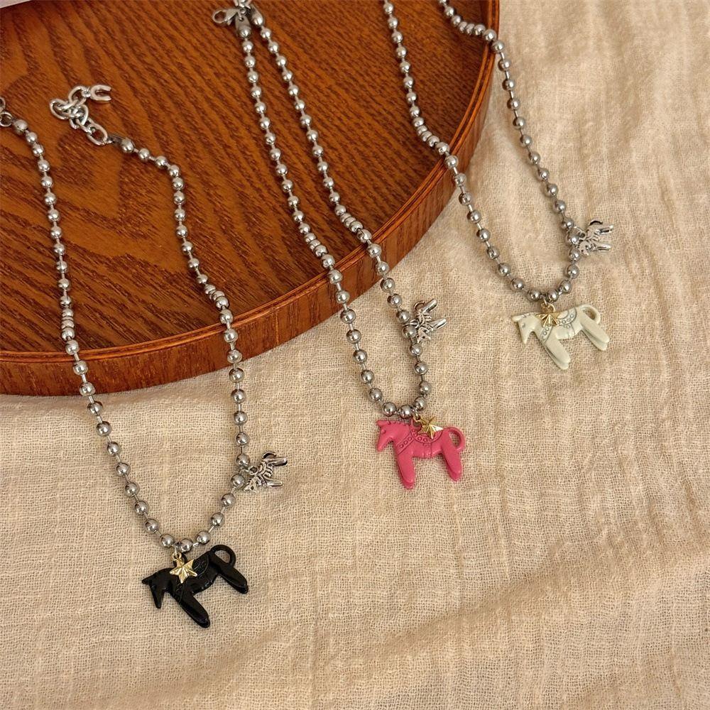 Alloy Horse Pendant Necklace Silver Plated Enamel Pendant Necklace Beads Neck Chain  for Women