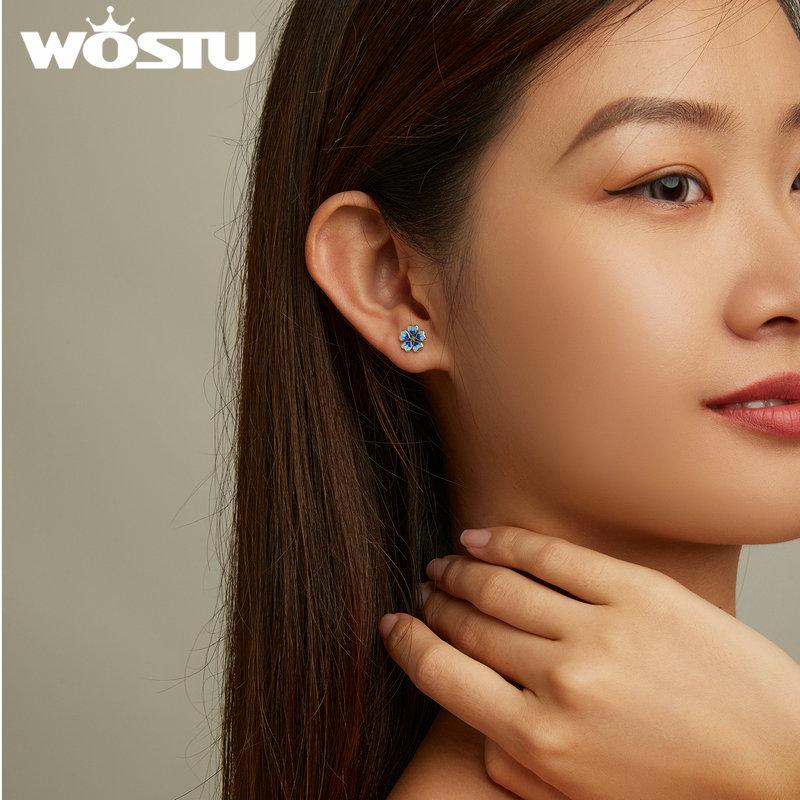 WOSTU 100% 925 Sterling Silver Blue Flower Stud Earrings For Women Wedding Fashion Anniversary Jewelry