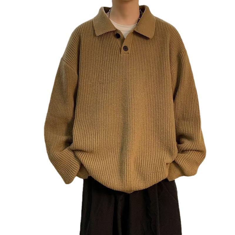 Men's Retro Oversized Coffee Polo Collar Sweater - Japanese Minimalist Style