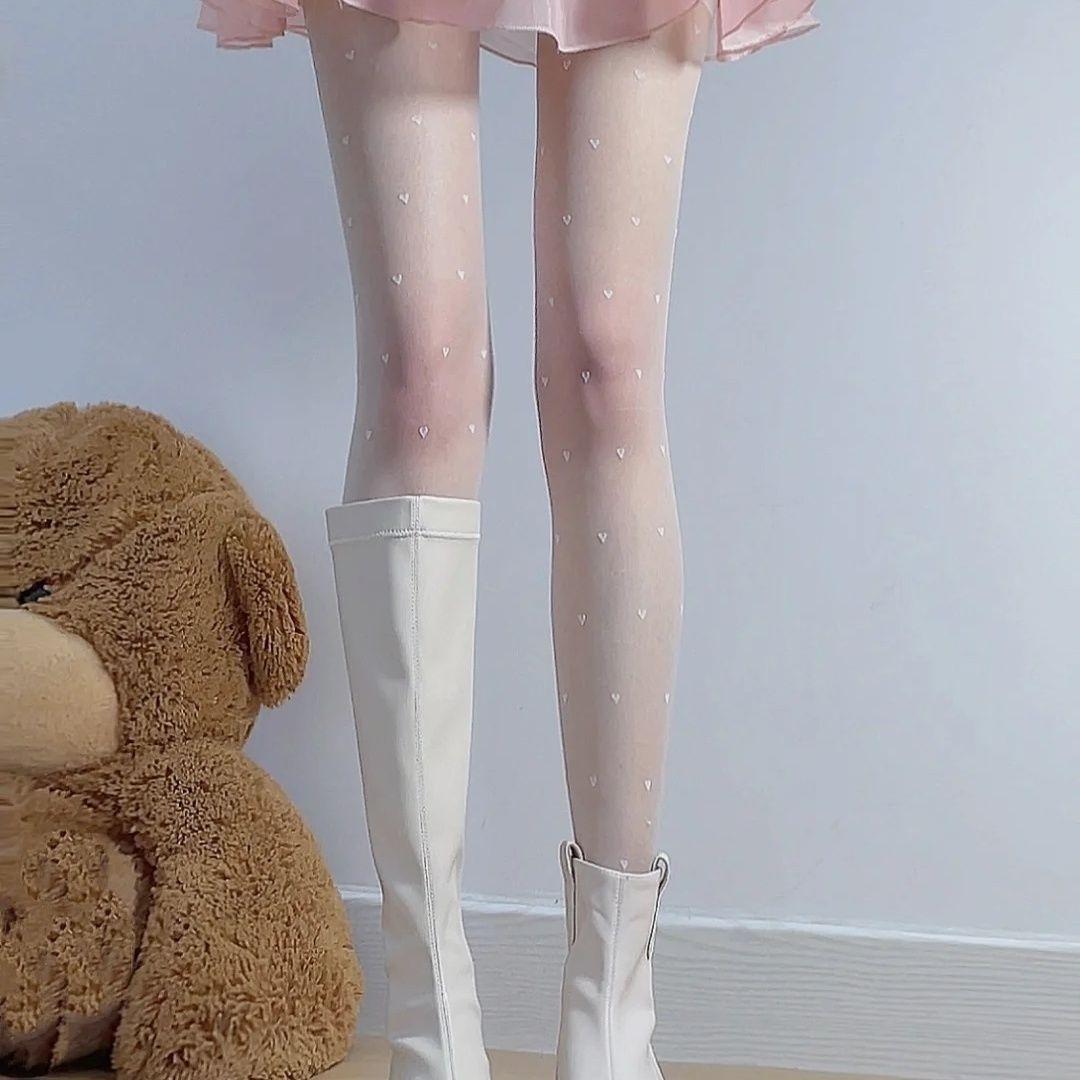 

Ki Black Silk Outfit Sexy JK Love Heart Stockings Pure Desire Style Mi-style Polka Dot Pantyhose Nude-feel Light Thin White Summer Thin Style