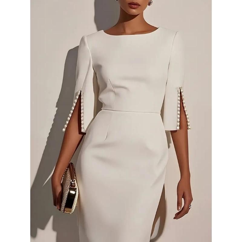 YYFS Women's Fashion Summer Spring Solid Color Print 1/2 Sleeves O-Neck High Waist  Casual Dresses