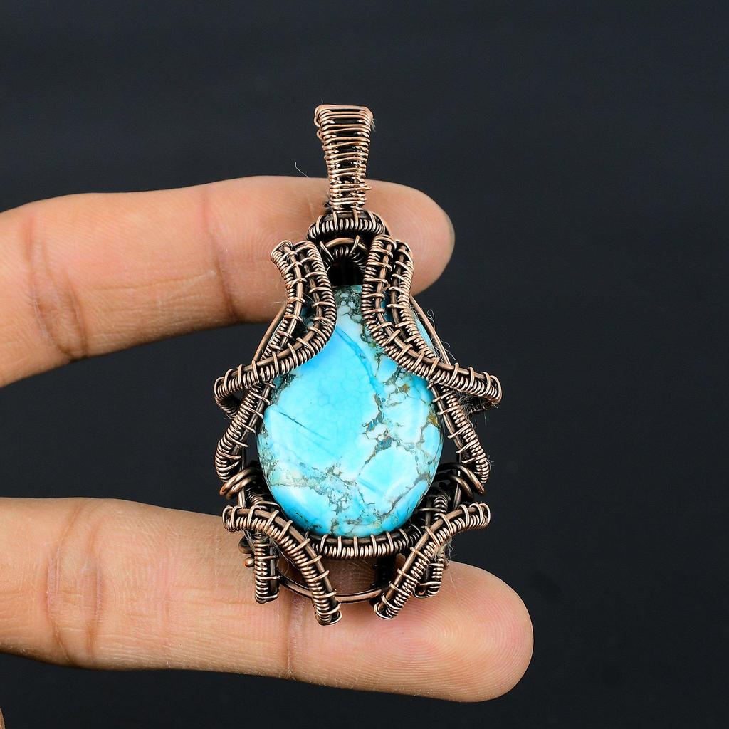 Tibetan Turquoise Pendant, 999 Copper Wire Wrapped Gemstone Jewelry, Handmade Pendant, For Thanksgiving