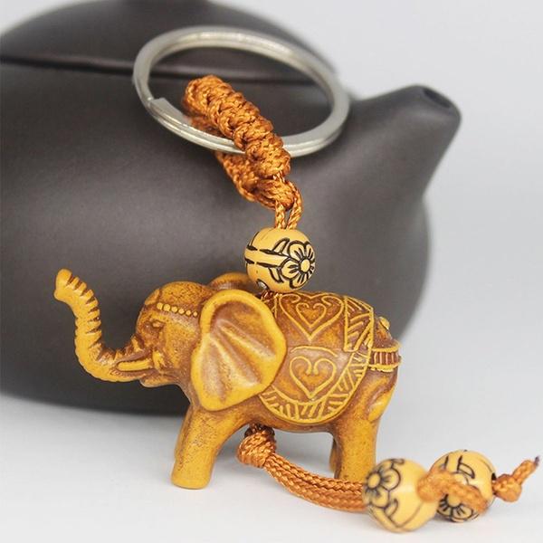 6pcs/4pcs 3D Elephant Lucky Carving Wooden Pendant Keychain Key Ring Chain Evil Defends Decor Gift