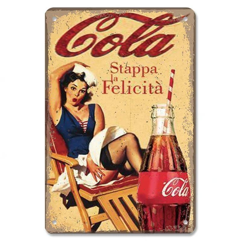 Cola Soft Drinks Poster Metal Tin Signs Vintage Girls Drink Cola Bottles Metal Plate Wall for Bar Pub Club Restaurant Decor