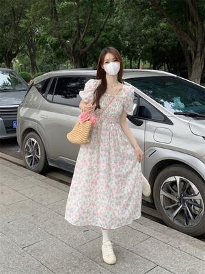 Floral Square Neck Dress Women's Summer New Sweet Waist and Thin Medium and Long Super Fairy First Love Skirt