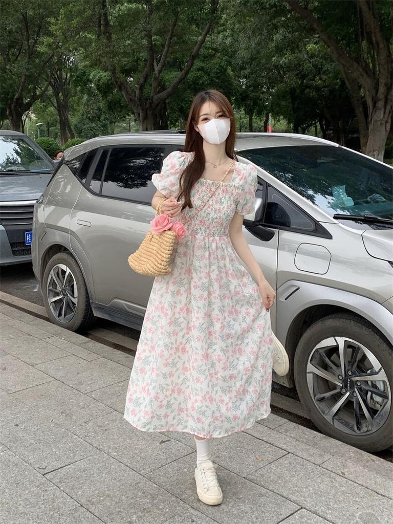 Floral square neck dress women's summer new sweet waist and thin medium and long super fairy first love skirt