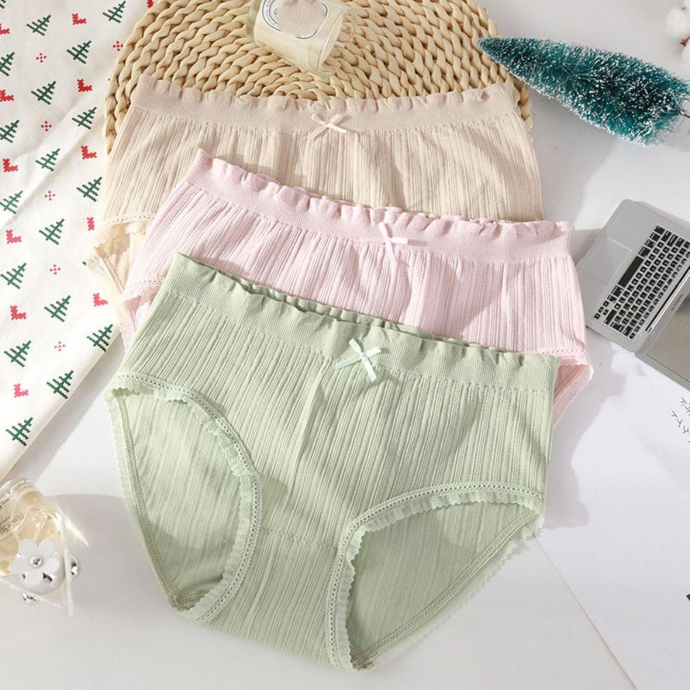 4Pcs Mid Waist Seamless Briefs Cotton Crotch Underwear for Women Fashion Lace Bowknot Panties  Lady