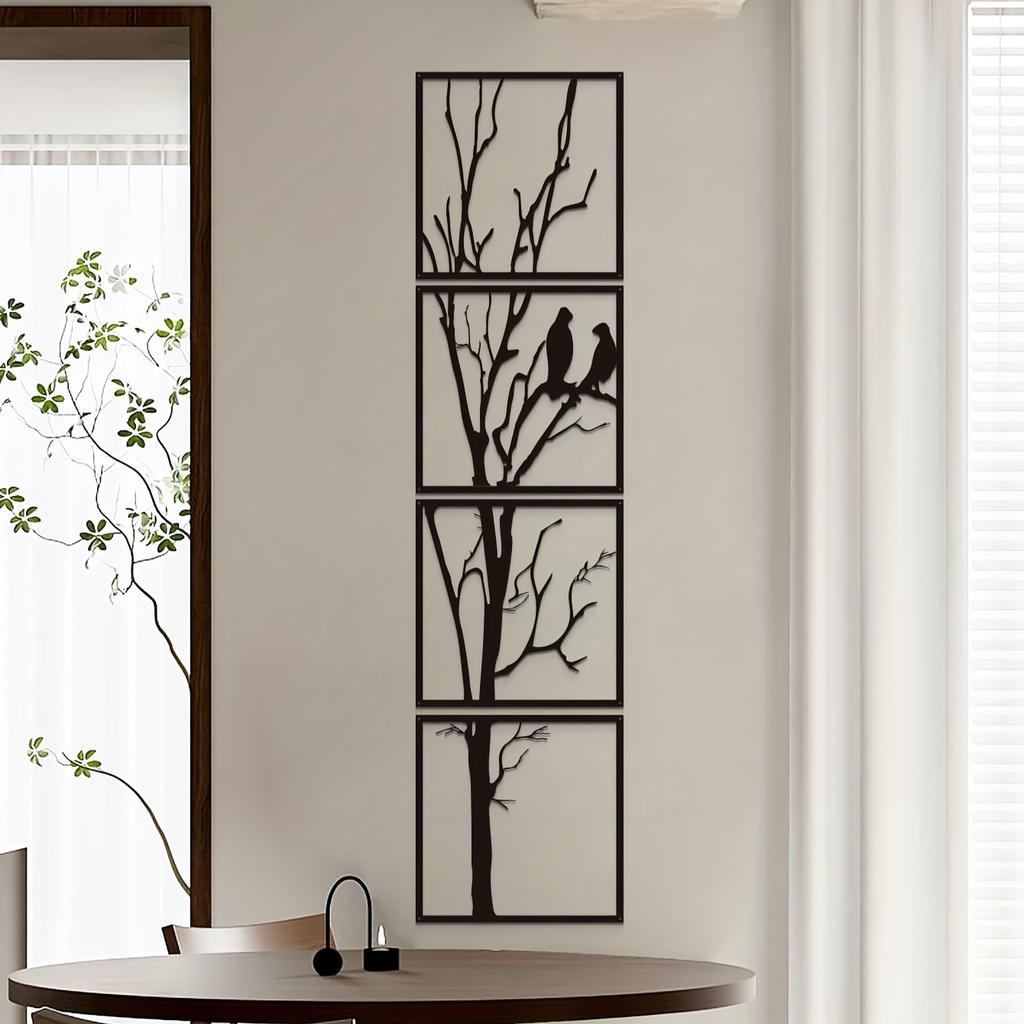 4pcs Set Bird Branch Wall Art, Large Black Metal Decor for Indoor Outdoor, Holiday Gift for Halloween Christmas New Year