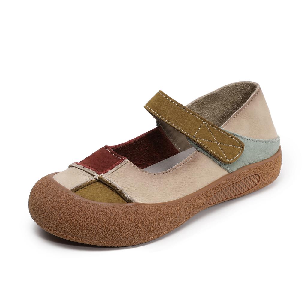 Johnature Genuine Leather Mixed Colors Soft Soled Women's Shoes Retro Round Toe Shallow Flat Shoes
