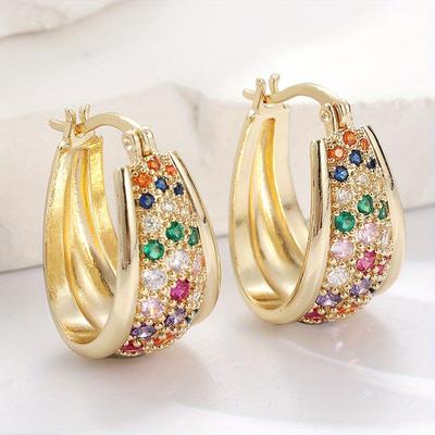 Delicate Sparking Golden Plated Inlaid Colored Synthetic Zirconia Hoop Earrings for Women  Banquet Wedding Jewelry Crafts