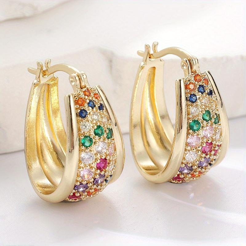 Delicate Sparking Golden Plated Inlaid Colored Synthetic Zirconia Hoop Earrings for Women Banquet Wedding Jewelry Crafts