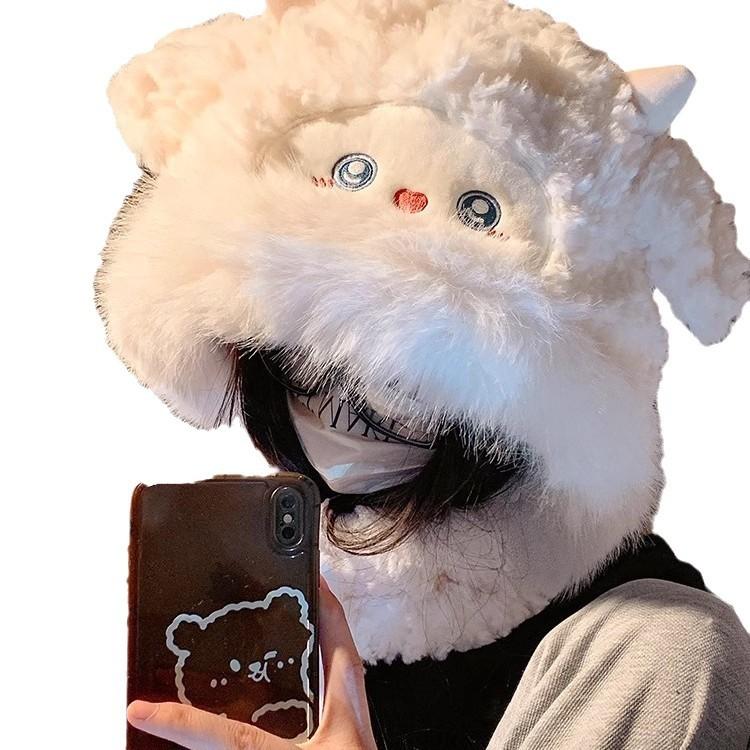 Cute Wool Plush Hat Scarf Integrated for Women Korean Version In Autumn and Winter Thickened Cold and Warm Student Ear Protection Hat Trend