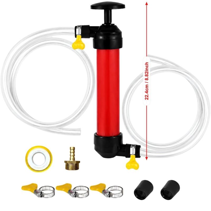 Manual Vehicle Tank Transfer Pump with Threaded Hose Fitting, Adjustable Clamps and Thread Seal Tape for Equipment Maintenance Tasks