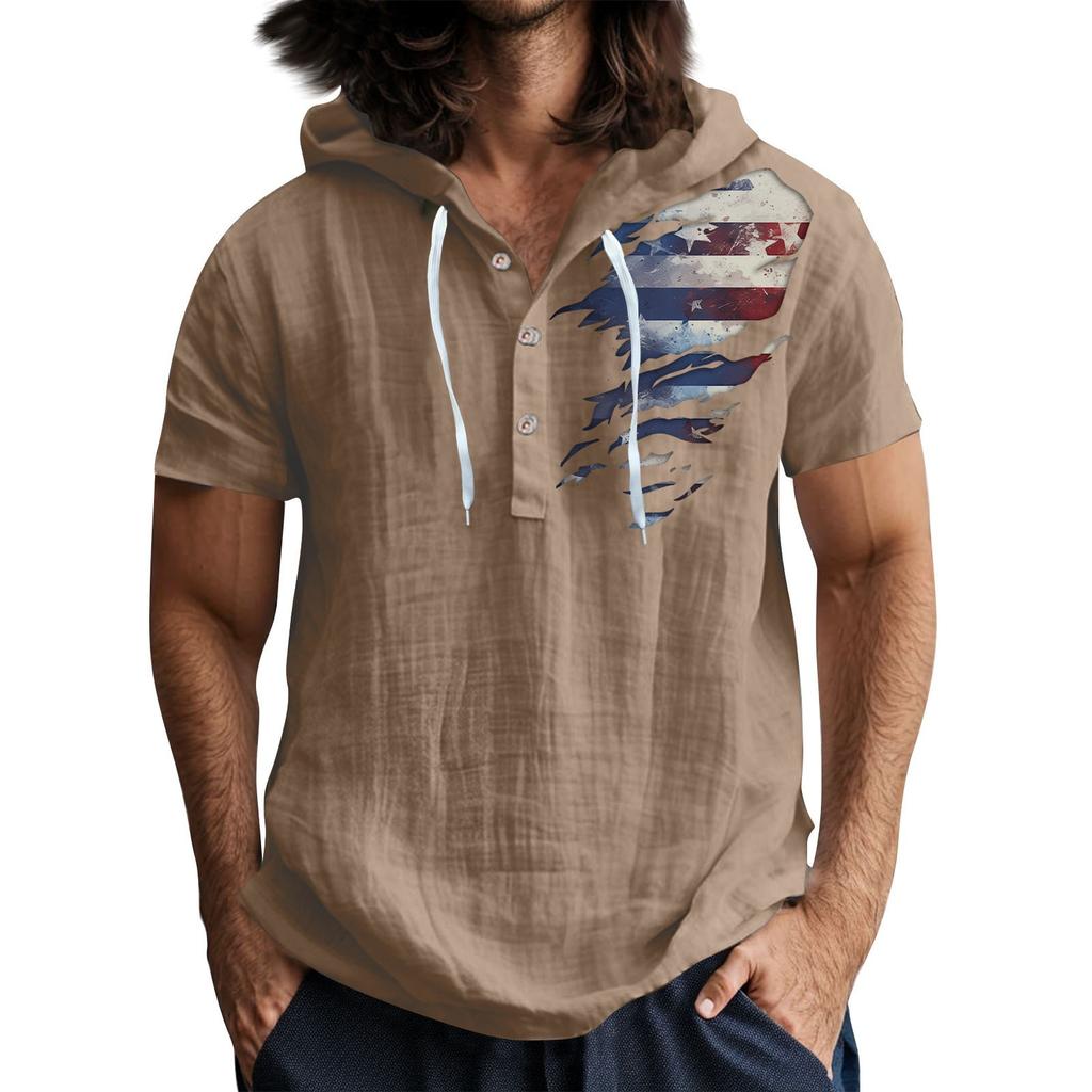 Men'S Casual Short Sleeved Hooded Top Buttoned Open Neck T-Shirt