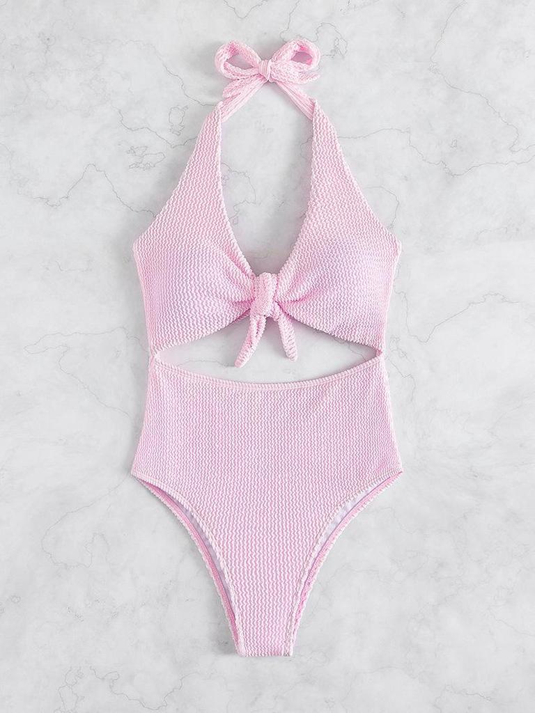 2025 Europäischer & Amerikanischer Rückenfreier Schnür-Einteiler-Badeanzug: Damen High-Waist Einfarbig Sexy Strand Bademode