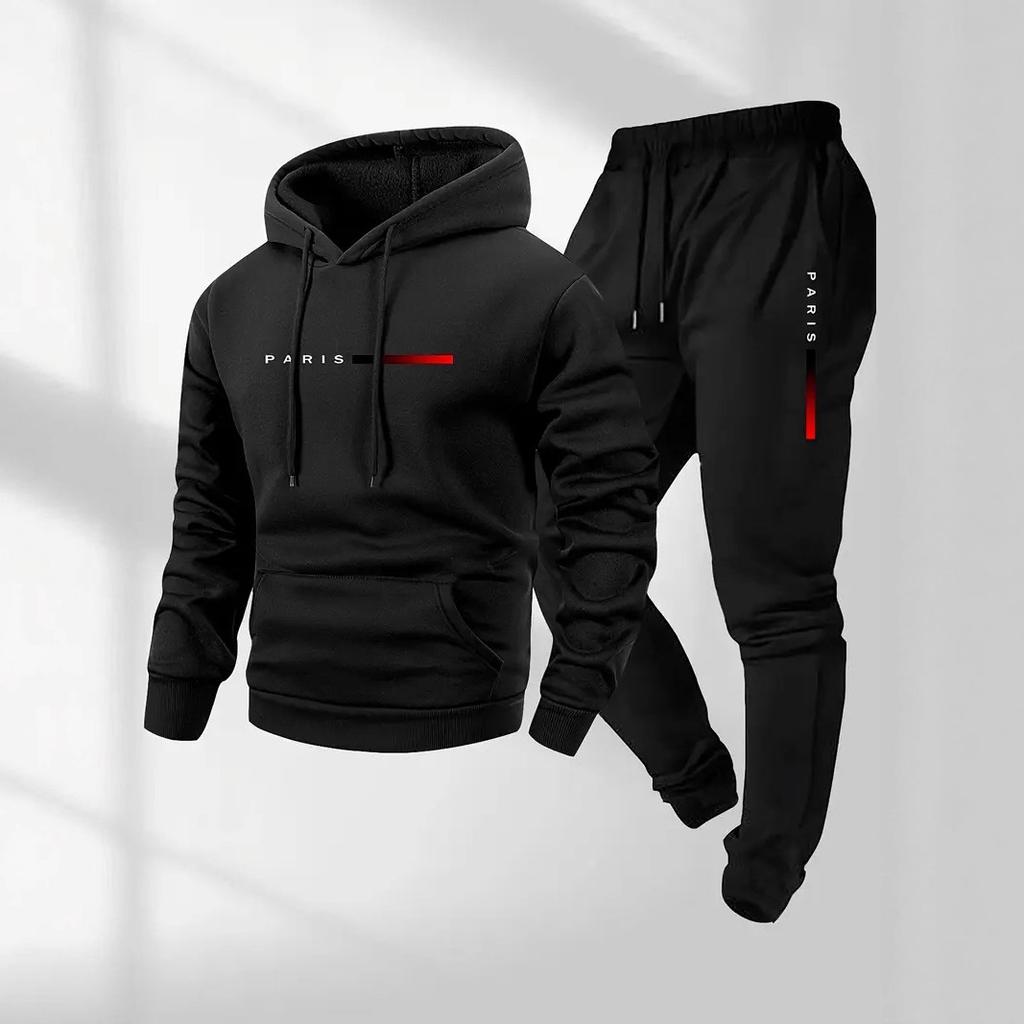 European Size Casual Fashion Unisex PARIS Lettered Print Hoodie and Drawstring Sports Set