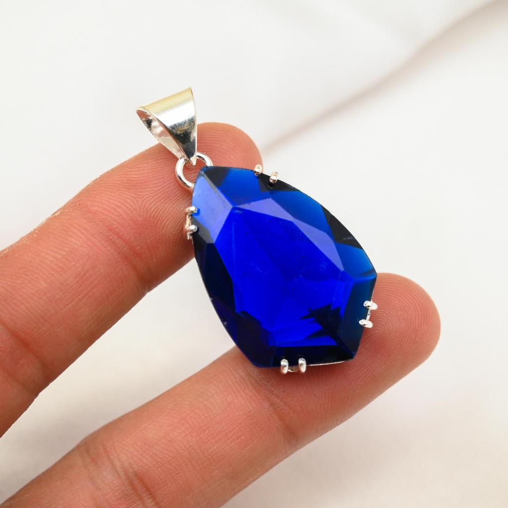 Blue Sapphire Pendant, Handmade Gemstone Pendant, 925 Solid Sterling Silver Pendant Antique Jewelry, For Engagement Gift