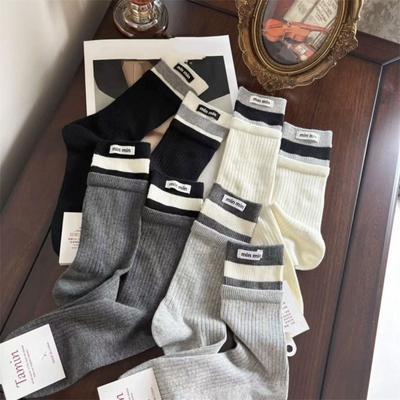 European Gray Socks Alphabet Cloth Label Medium Tube Socks Double Mouth Color Matching Stacking Socks