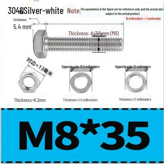 304 Stainless Steel Hex Head Bolt and Nut Set M6-M14, Lengths 8-100mm