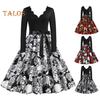 Damen Halloween Kleid A-Linie Big Swing Totenkopf Print Schnürung Schleife Gürtel Gewellter V-Ausschnitt Patchwork Plissee Lange Ärmel Party Karnevalskleid