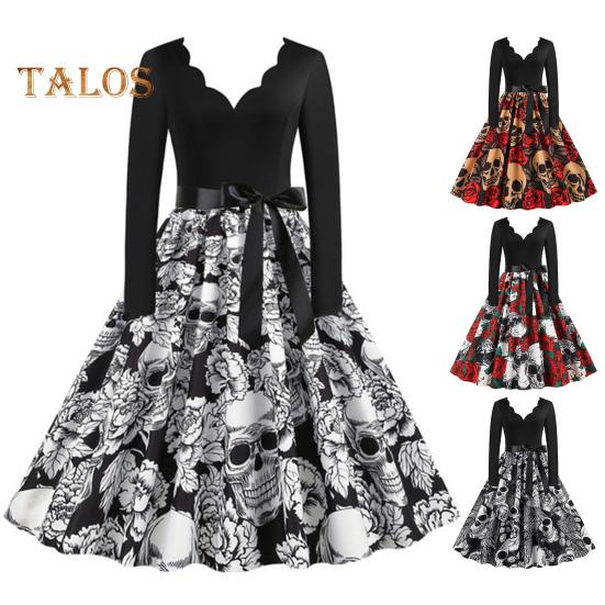 Damen Halloween Kleid A-Linie Big Swing Totenkopf Print Schnürung Schleife Gürtel Gewellter V-Ausschnitt Patchwork Plissee Lange Ärmel Party Karnevalskleid